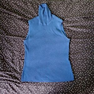 Blue Ribbed Turtleneck Tank Top